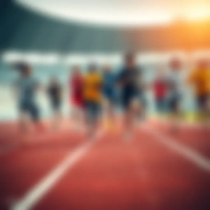A diverse group of people running together on a track, showing teamwork and collaboration while one person breaks away for individual progress.