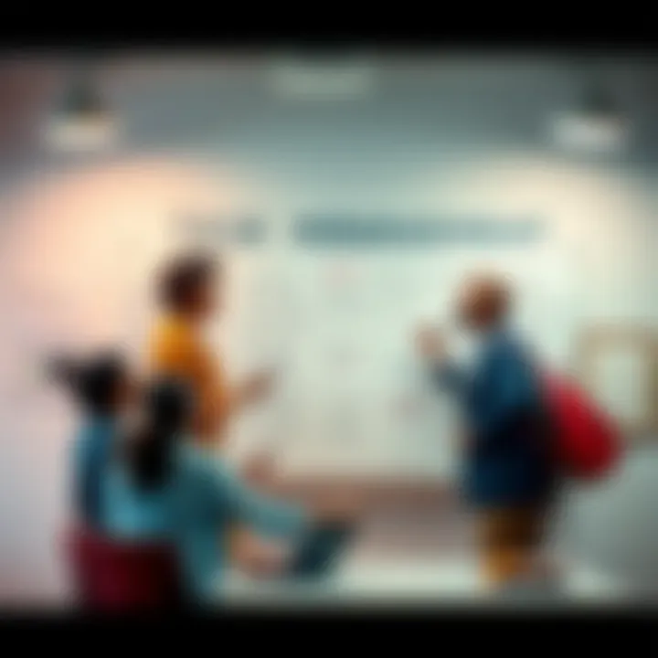 Teamwork in Task Management A diverse group of people collaboratively managing tasks on a whiteboard in an office setting