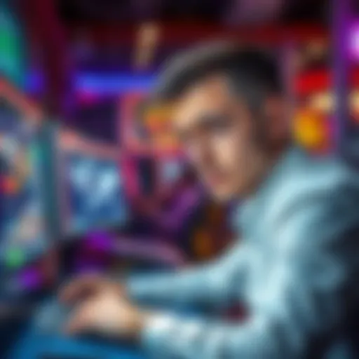 A young tech specialist looking worried while sitting at a desk with a computer showing gambling websites, reflecting his struggle with addiction.