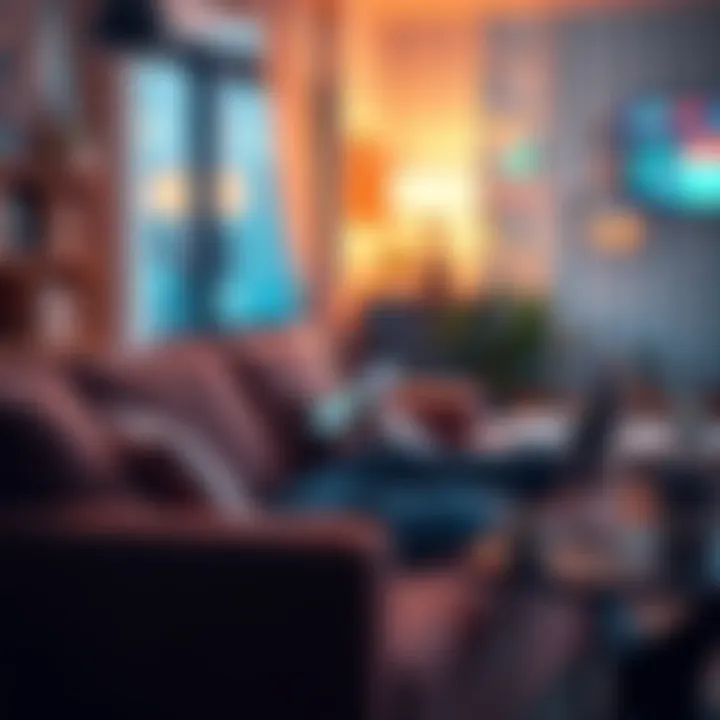 A person using smart home devices with voice commands while relaxing on a couch