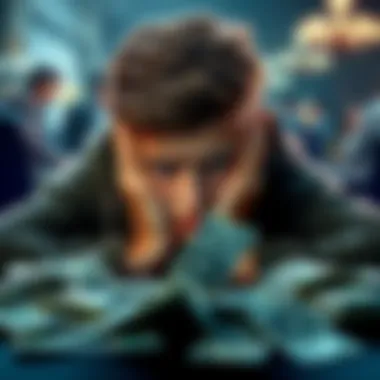 Teen in distress over gambling debt An 18-year-old looking worried, holding their head in their hands with bills scattered on a table, symbolizing a gambling debt crisis.