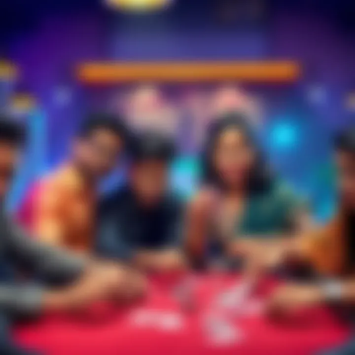 A group of people playing Teen Patti at a table, showing cards and chips, with expressions of concentration and excitement