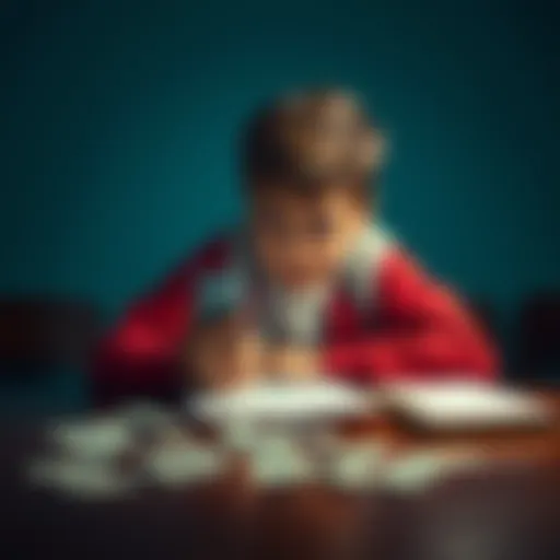 A concerned 15-year-old sits at a table, looking at their phone with a worried expression, with scattered money and a notebook in front of them.