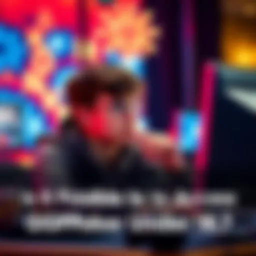 A young person sitting at a computer, looking at poker websites with a thoughtful expression, symbolizing the challenge of accessing GGPoker under 18.