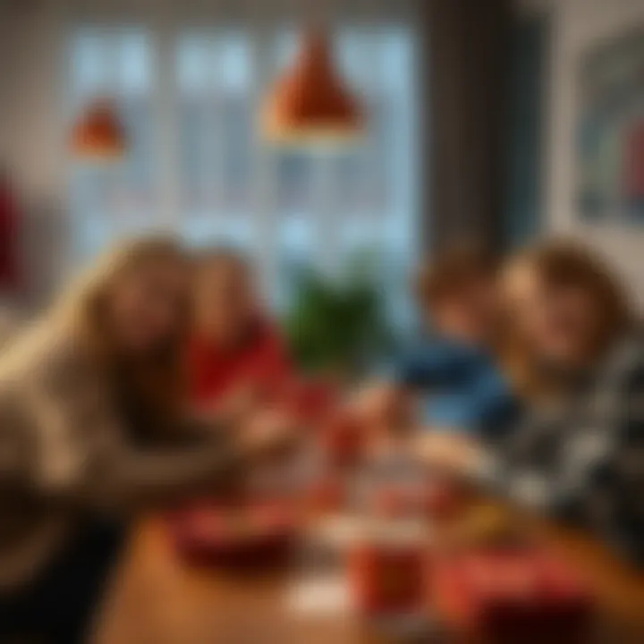 A group of four teenagers playing a card game at a table, smiling and enjoying their time together, surrounded by snacks and drinks.