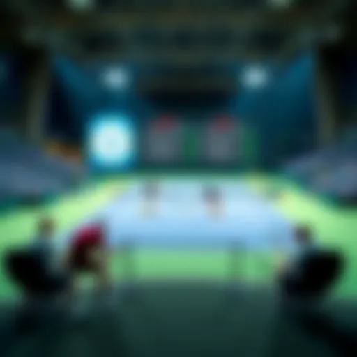 A tennis court with betting odds displayed on a screen, featuring tennis players in action during a match.