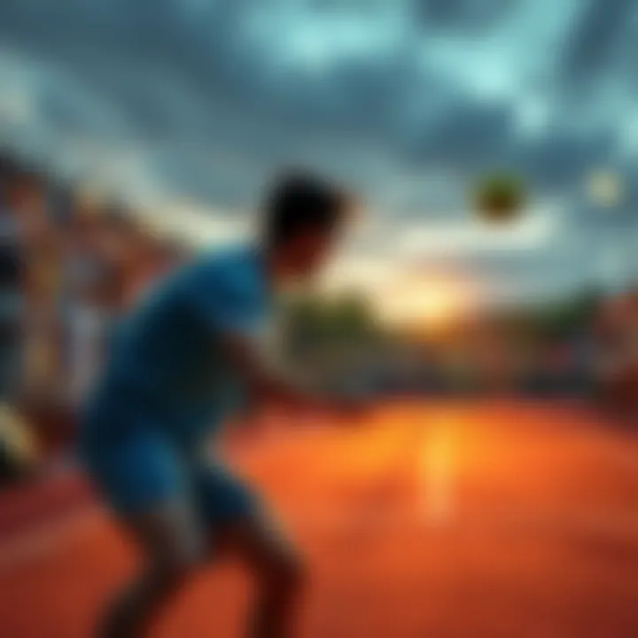 A tennis player hitting a ball during a lively match on an outdoor court, surrounded by cheering fans.