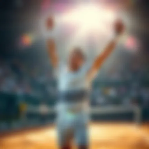 A tennis player raises their arms in victory on the court after a match, showcasing excitement and joy.