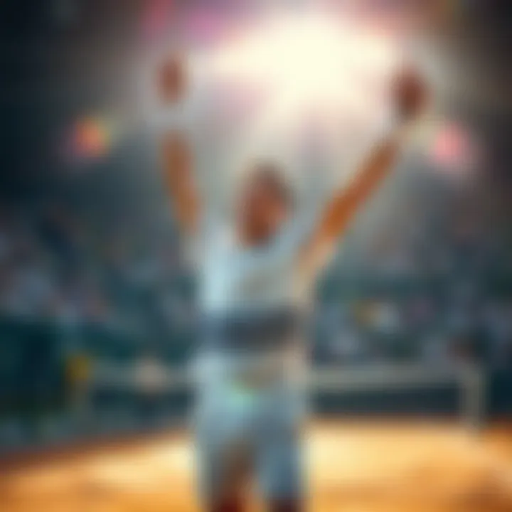 A tennis player raises their arms in victory on the court after a match, showcasing excitement and joy.