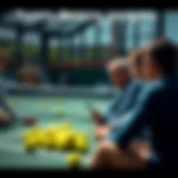 Tennis Betting Insights A group of people discussing tennis betting strategies with tennis balls and a court in the background.