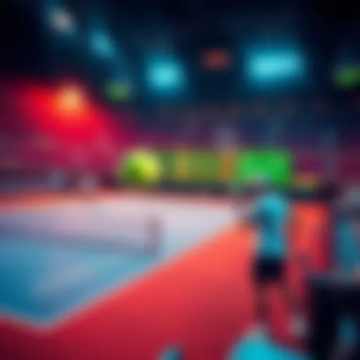A tennis match scene with players in action and betting odds displayed in the background.