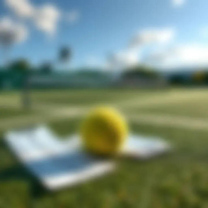 A close-up of a tennis court with betting slips and a tennis ball in the foreground, symbolizing expert betting picks for tennis.