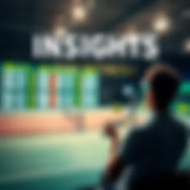 A tennis court with odds displayed on a digital board and a person studying betting strategies.