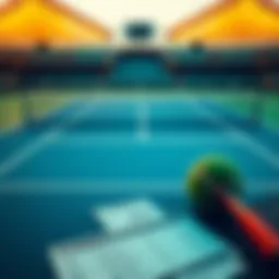 A close-up view of a tennis court with betting slips and odds in focus