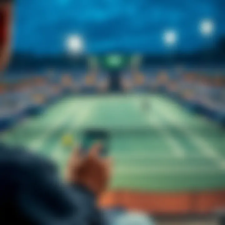 A person analyzing tennis match data and placing bets on a smartphone, with tennis courts and betting odds in the background.