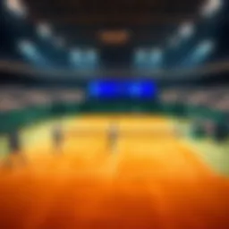 A tennis court with players in action and betting odds displayed on a screen