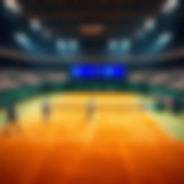 A tennis court with players in action and betting odds displayed on a screen