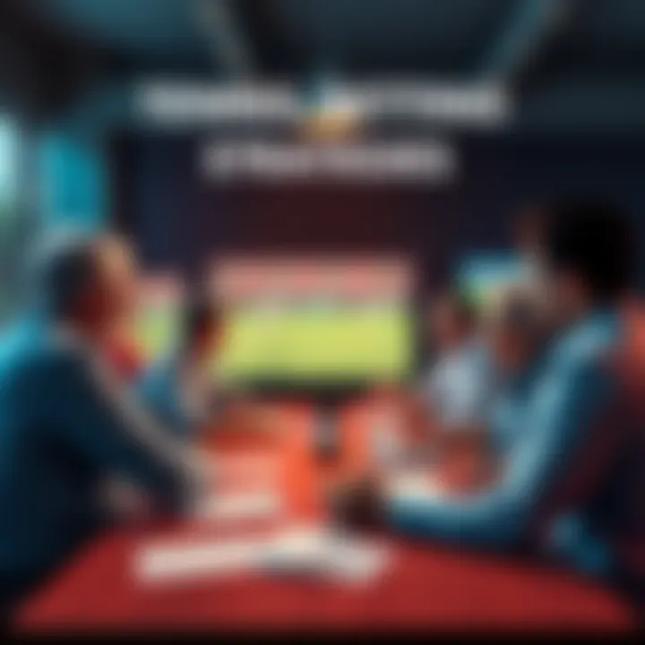 A group of people discussing tennis betting strategies at a table with betting slips and a tennis match on TV in the background.