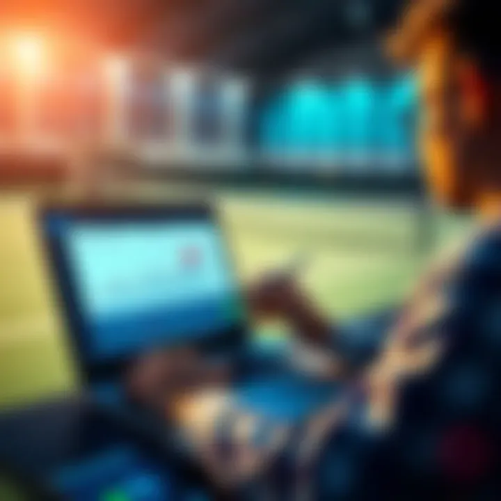 A person analyzing tennis match statistics on a laptop with a tennis court in the background