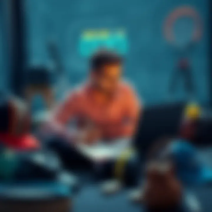 A person analyzing tennis betting stats on a laptop, surrounded by tennis gear and notes, reflecting on wins and losses.