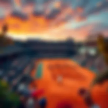 Tennis match during French Open Players competing in a tennis match at the French Open, with spectators in the background and a vibrant clay court.