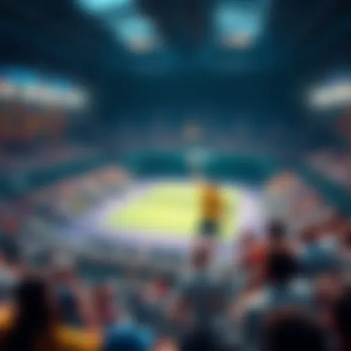 Tennis Match Action A tennis player serving during an exciting match at a stadium with fans cheering.