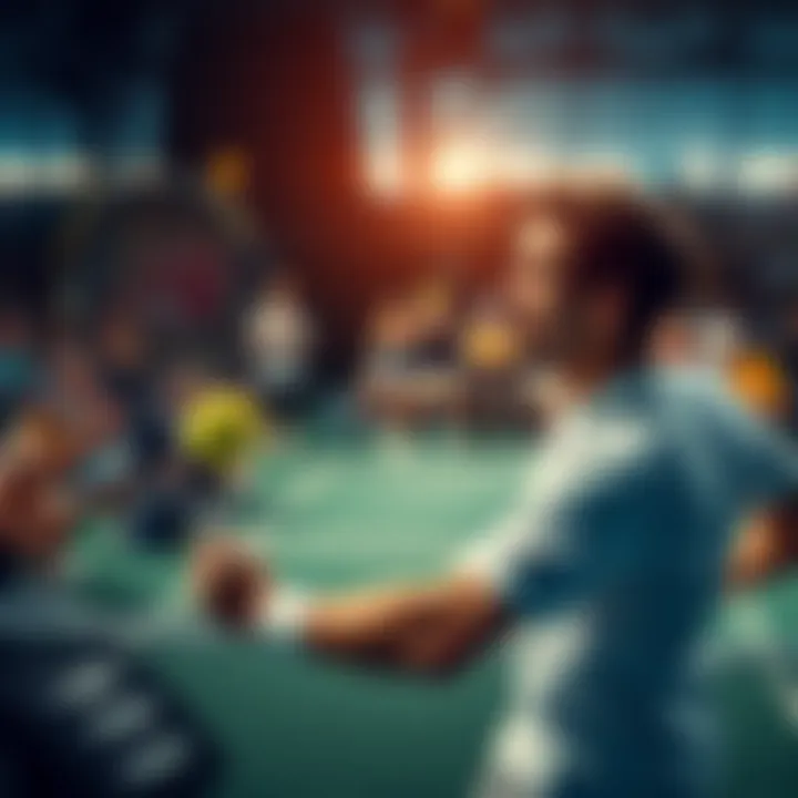 A tennis player hitting a powerful serve during an intense match with an enthusiastic crowd in the background.