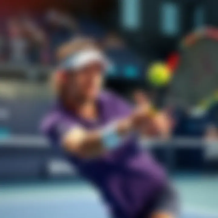A tennis player serves the ball during a match, showcasing strong gameplay.