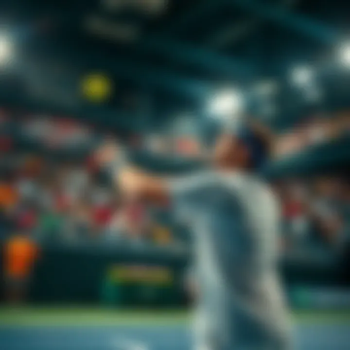 Tennis Player in Action A tennis player serves the ball during a live match, showing focus and determination while fans cheer in the background.