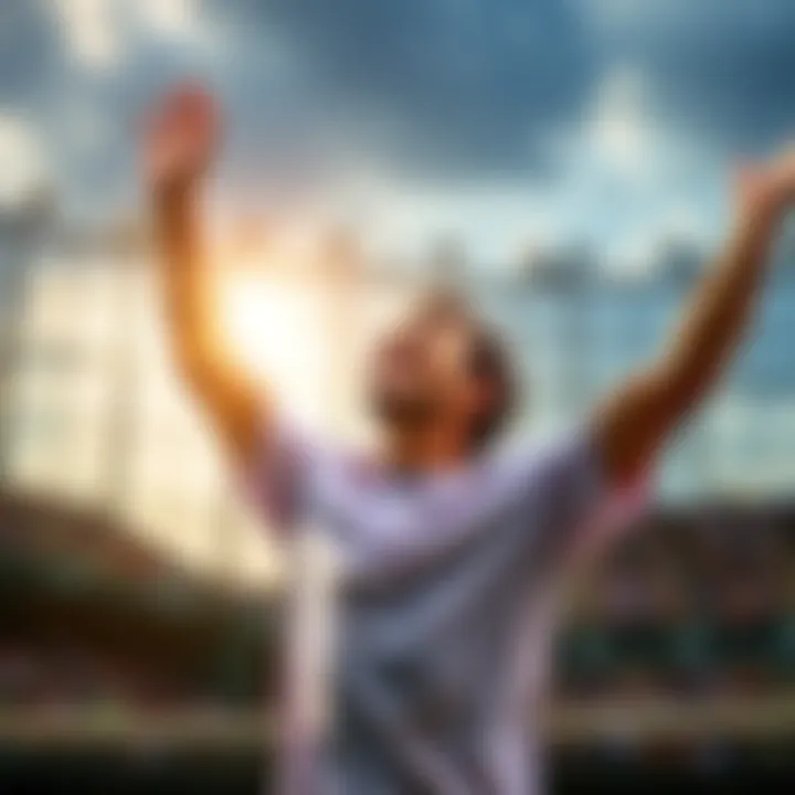A tennis player raises their arms in joy after winning a match, symbolizing success in live betting on tennis.