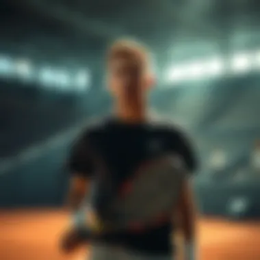 A tense tennis player stands on the court, racket in hand, focused and ready for a critical match that could determine their career.