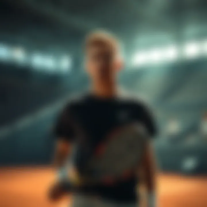 A tense tennis player stands on the court, racket in hand, focused and ready for a critical match that could determine their career.
