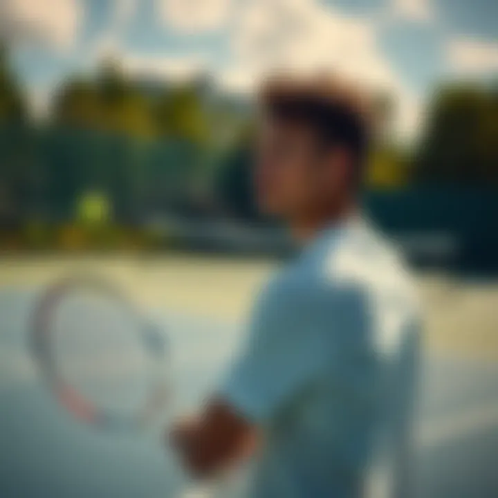 Tennis Player Practicing A focused tennis player practicing serves on a court under sunny skies.