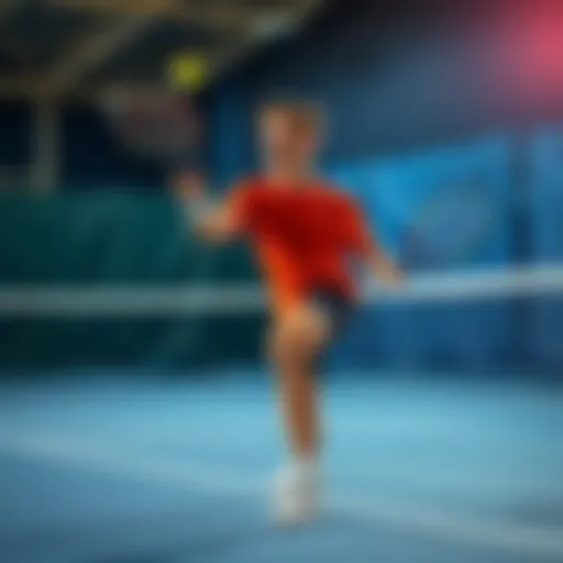 A focused tennis player practicing their serve on a court, showcasing form and technique.