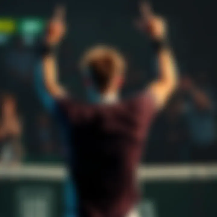 A tennis player raises their arms in celebration after winning SET 1 of a match, showing excitement and determination.