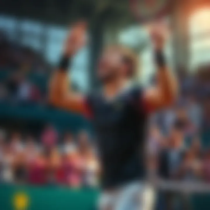 Tennis player celebrating after a hard-fought match, showing determination and resilience, with fans cheering in the background