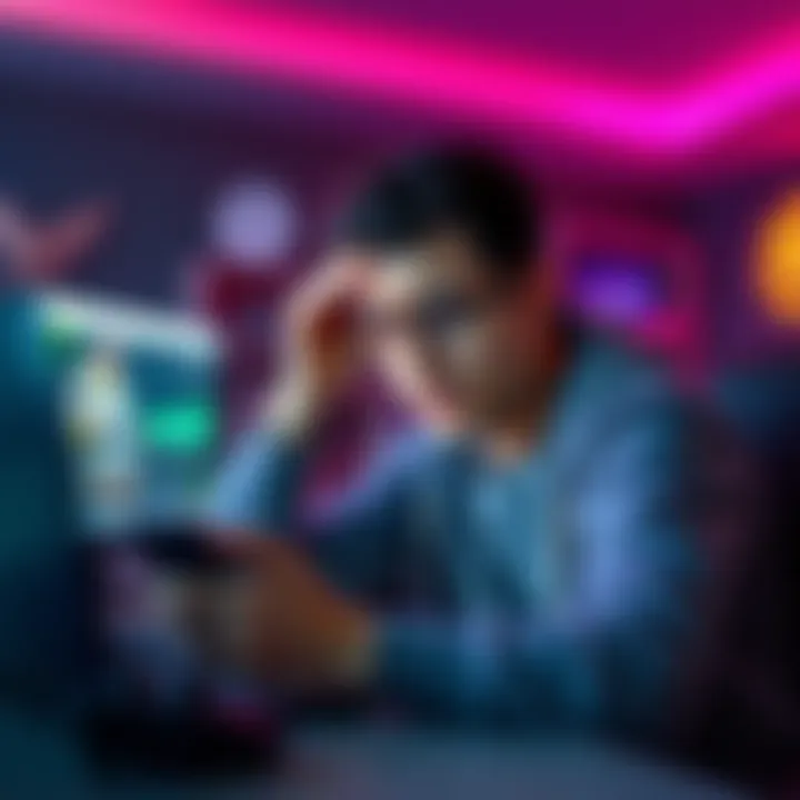 Terminated Account Recovery A person looking worried while checking their device, showing frustration about a gaming account termination, with a laptop and gaming controllers nearby.