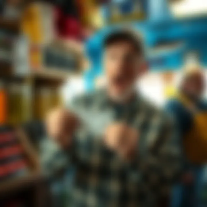 A surprised Texas bait shop owner holding a lottery ticket with a shocked expression, surrounded by fishing gear and local patrons discussing the payout