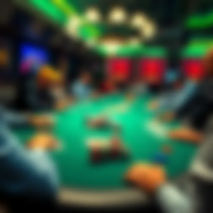 Texas Cardroom Poker Hand Analysis A poker table showing players making decisions during a cash game in a Texas cardroom, with cards laid out and chips stacked on the table.