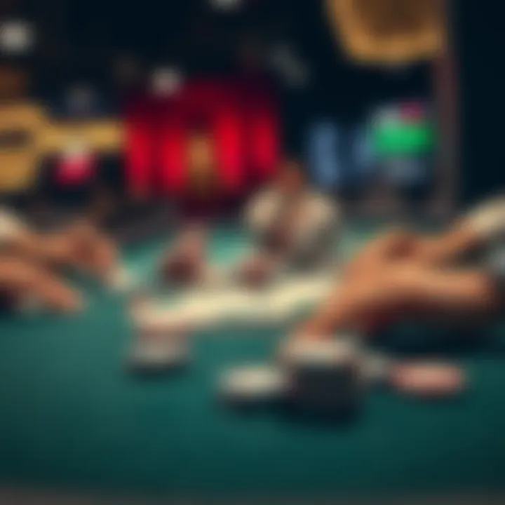 A close-up of a Texas Hold 'Em poker table with cards and chips, showing a player contemplating their next move on Trips.
