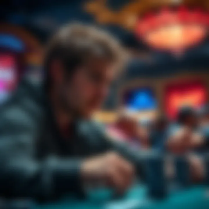 Chip leader contemplating a tough decision during a Texas Hold'em tournament as opponent pushes all in.