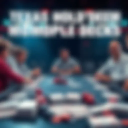 A lively Texas Hold'em poker table with players, chips, and multiple decks of cards spread out, showcasing the excitement of the game.