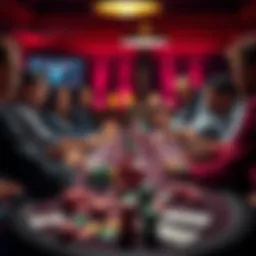 A group of friends setting up a Texas Hold'em poker game with chips and cards on a table.