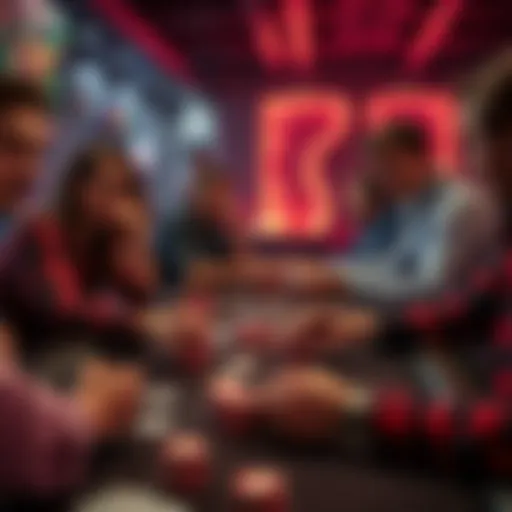 Group of friends playing Texas Hold'em poker at a table with cards and chips