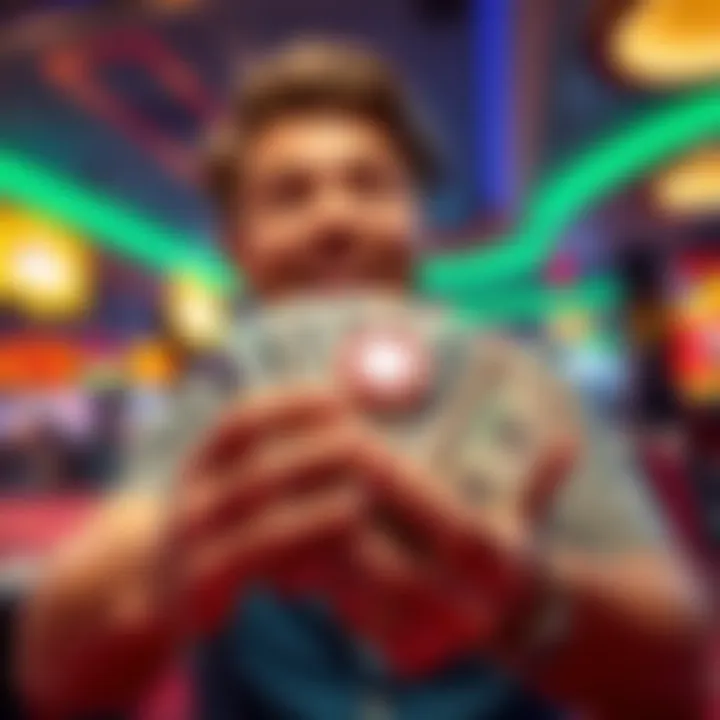 Texas Player with Chips A Texas player holding a stack of casino chips, looking excited about turning $20 into $100 through gambling games now legal in Texas.