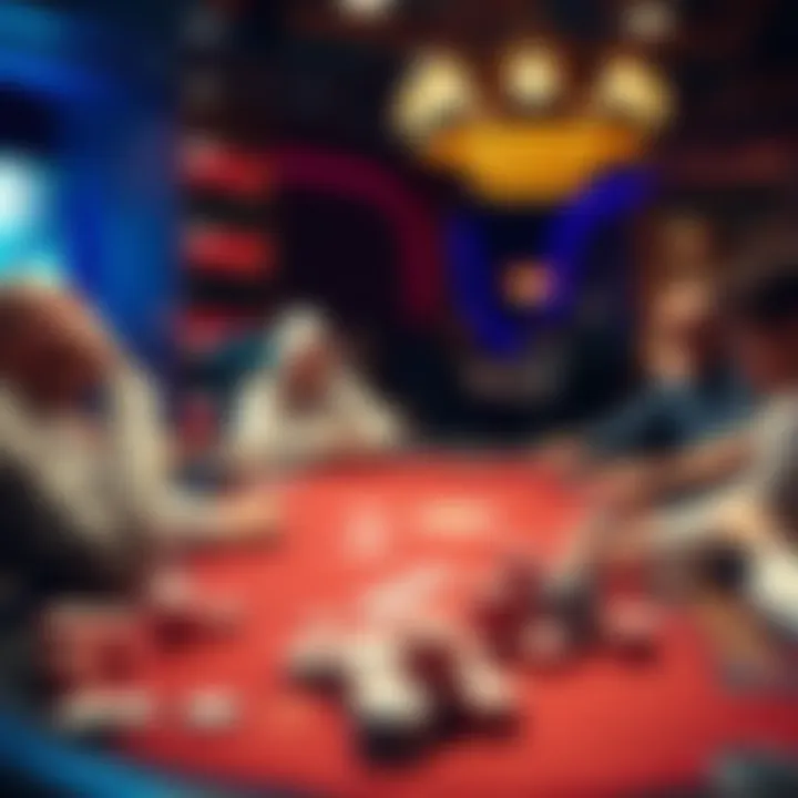 A lively Texas poker table with players engaged in a game, chips stacked high and cards laid out, showcasing the competitive atmosphere