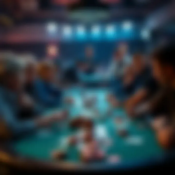 A tense moment in a Texas poker game with players contemplating their next moves around a table filled with cards and chips.