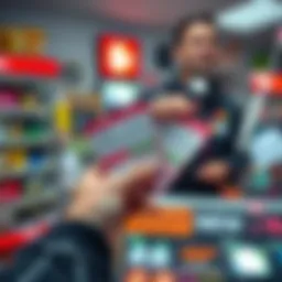 A hand holding scratch-off lottery tickets at a convenience store counter with a concerned clerk in the background
