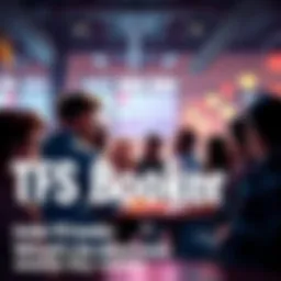 A group of people discussing recent news about TFS Booker in a community setting.