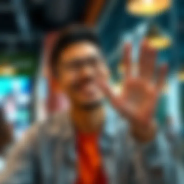 A person smiling while making a hand gesture as if to say 'thank me later' in a friendly conversation